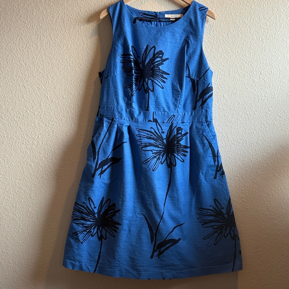 Boden Blue Midi Dress with Black Floral Design size 14